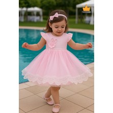 Minimony 0-24 Ay Gofre Tül Etekli Kız Bebek Çocuk Gelinlik Abiye Bayramlık Elbise Saç Bandı Set  PEMBE1007