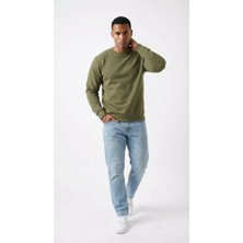 Kly Erkek Bisiklet Yaka Uzun Kollu Basic Sweatshirt %100 Pamuk Olive Renk C4T0N5