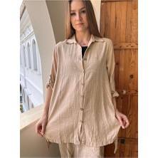 Kadın Komple Düğmeli Keten Pamuk Gömlek Oversize