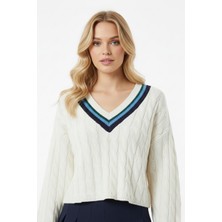 Abay Butik Kadın V Yaka Şerit Detaylı Oversize Crop Kazak