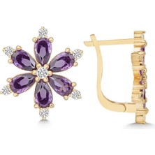 Özcömert Silver Gümüş Gold Mor Lotus Çiçeği Kadın Küpe