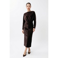 Setre Acı-Kahve Kol Ve Yaka Detaylı Belden Drapeli Midi Boy Elbise