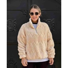 Krem Renk Peluş Polar Sweatshirt