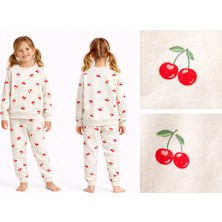 Kr Kids Butik Kiraz Desenli Kız Çocuk Eşofman Takımı Krem %100 Pamuk Uzun Kollu