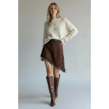 Vireo Club Kadın Acı Kahverengi Saten Dantel Detaylı Yırtmaçlı Etek