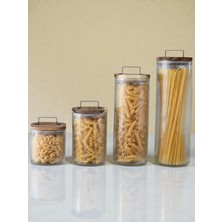 Multiamo 4'lü Pinterest Çizgili Model Kare Tabanlı Akasya Kapaklı Cam Saklama Kabı 10X10/15/25/30CM