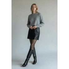 Vireo Club Kadın Siyah Yırtmaç Detaylı Deri Mini Etek