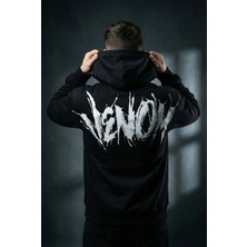 Liber Venom Siyah Hoodie Oversize Sırtı Baskılı 3 Iplik Şardonlu Sweatshirt