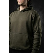 Liber Basic Haki Oversize Hoodie Siyah 3 Iplik Şardonlu Sweatshirt