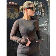 Taşlı Siyah Transparan Bluz