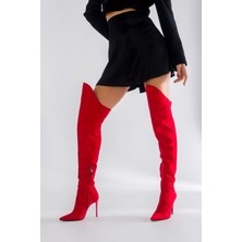 Ayakkabı Prensi Rojo Diz Üstü Kirmizi Suet 10 cm Kadın Çizme, Topuklu Çizme
