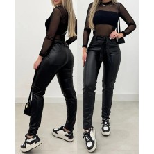 Kadın Yüksek Bel Kuşaklı Deri Pantolon