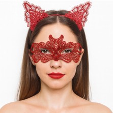 Timion Ateş Kırmızısı Dantel Taç ve Maske Seti 10 No - Maskeli Balo &amp;amp;amp; Özel Gün Seti (5148)