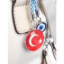 Ipli Türk Bayraklı Nazar Boncuklu Cam Çanta Süsü