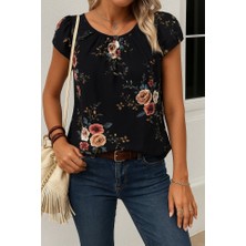 Etiler Collection Kadın Kısa Kollu Bisiklet Yaka Çiçek Baskılı Süprem Bluz