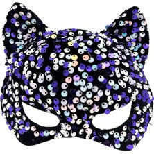 Timion Siyah Kadife Kumaş Üzerine Mor Beyaz Payetli Pullu Parti Maskesi 16X14 cm (5148)