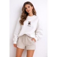 Kadın Ayıcıklı Nakışlı Sweatshirt Yuvarlak Yaka Pamuklu Siyah Renkte Regular Kesim 3 Iplik Şardonlu