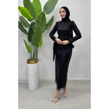 Tesettür Diyarı Bilekleri Kurdela Detaylı Tesettür Abiye - Siyah