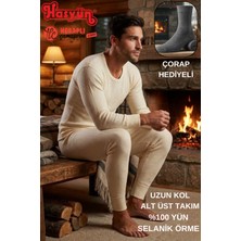 Hasyün Premium Erkek Kaşındırmaz %100 Yün Uzun Kol Alt Üst Içlik Takım Çorap Hediyeli