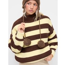 Owerall Kadın Kahverengi-Sarı Çizgili Yarım Balıkçı Yaka Links Örgü Triko Kazak