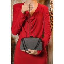 Roza Çanta Platin Simli Zincir Askılı El Omuz Abiye Dügün Gece Çantası