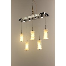 GN Gen Aydınlatma Lüks Gümüş Gövdeli Kristal Kesme Camlı Buzlu Akrilik 5'li Sıralı Serisi Modern 3 Renk LED Avize