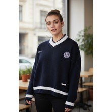 Mandala Tekstil Kadın Oversize Şardonlu Nakışlı Triko Kazak