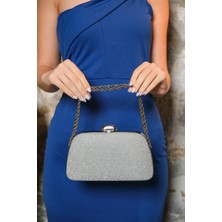 Roza Çanta Gümüş Simli Zincir Askılı El Omuz Abiye Dügün Gece Çantası