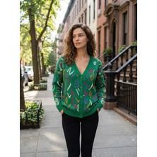 Lujiz Kadın Ceket Renkli Desenli V Yaka Düğmeli Kadın Ceket