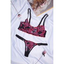 Avoria Siyah Transparan Çiçek Işlemeli Kadın Sütyen Tanga 2’li Takım