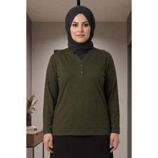 Pıtırcık Cimariva Kadın Neval Büyük Beden V Yaka Taşlı Haki Bluz