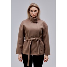 Bolivente Carvella Vizon Dik Yaka Kemerli Kaşe Ceket