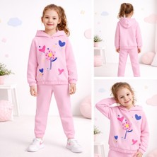 Kr Kids Butik Kız Çocuk Kapüşonlu Eşofman Takımı – Pembe Baskılı, Pamuklu, Günlük & Spor