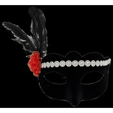 Timion Siyah Renk Süet Kaplama Gümüş Dantelli Kırmızı Gül Tasarımlı Parti Maskesi 18X20 cm (5148)