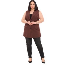 Disentis Modest Büyük Beden Düğmeli Kapaklı Cepli Astarlı Uzun Kahverengi Yelek