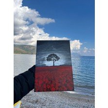 Husta Aksesuar El Yapımı Modern Akrilik Tablo - Kırmızı Gelincik Tarlası ve Tek Ağaç Temalı - 30X21 cm Ahşap Panel