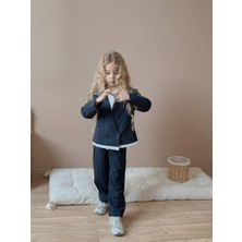 Miniko Kids Kız Çocuk Poliviskon Çizgili Blazer Ceket Pantolon Dokuma Kumaş Takım