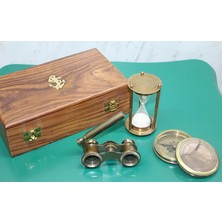 İsmiyle Al Ahşap Kutulu Pirinç Pusula,kumsaati,dürbün Seti 15682