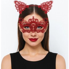 Timion Lüks Kırmızı Dantel Taçlı Maske Seti 2 No - Parti, Balo, Kostüm Aksesuarı (5148)