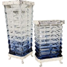 Lumienza Modern Krom Metal Mavi Cam Vazo Takım - 32X14 Cm- 22X14 cm Dekoratif Kare Vazo - Salon ve Ofis Için Lüks Masa Üstü Aksesuar - Estetik Hediyelik