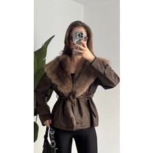 Asfa Moda Kadın Kahverengi Kemerli Kürk Yaka Deri Ceket Siyah Kışlık