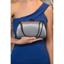 Roza Çanta Platin Saten Zincir Askılı El Omuz Abiye Dügün Gece Çantası