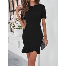 Etiler Collection Kadın Kısa Kollu Bisiklet Yaka Önden Fırfırlı Büzgülü Janjan Krep Kısa Elbise