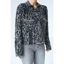 Etiler Collection Leopar Desen Jakarlı Hırka - Siyah-Açık Gri