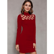 Etiler Collection Kadın Uzun Kollu Bisiklet Yaka Lazer Kesim Inci Detay Viskon Iki Iplik Mini Boy Elbise