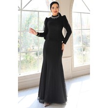 Olcay Kolye Detaylı Balık Model Dantel Tesettür Abiye Elbise SİYAH 1058
