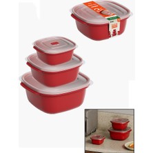 Go İthalat 3 PCS KIRMIZI KARE SAKLAMA KABI SET 550-1100-2200ML (3791)