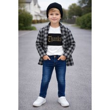 Kokoş Bebe Erkek Çocuk Thanks Baskılı Tişört Jean Pantolon Ekose Ceket 3’lü Kombin