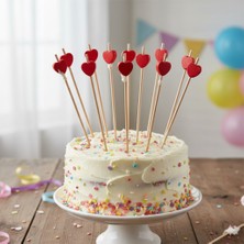 Dodomar Uzun – Kürdan Bambu Süslü Kırmızı Kalp 12'li Pasta ve Sunum Kürdanı