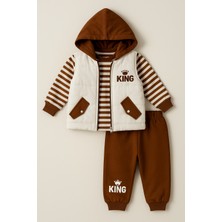 Selvira %100 Pamuk King Detaylı Kapüşonlu Yelek, Uzun Kollu Üst ve Alt Giyim 3 Parça Kışlık Set